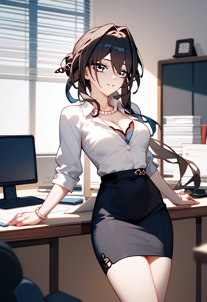 ruan mei \(honkai: star rail\),medium breasts, slender body、25-year-old woman、Business shirts、black Skirt、office,cleavage