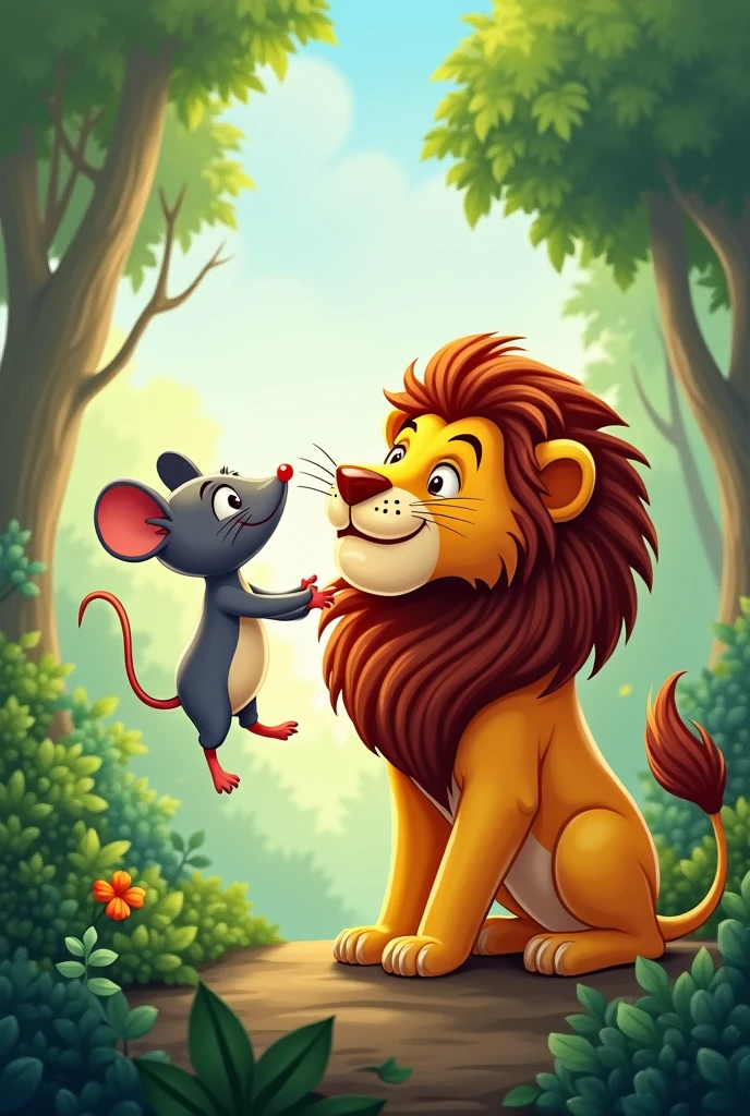 A vibrant cartoon scene in a lush jungle where a large, wide-eyed lion is caught in a thick, tangled net, looking both surprised and concerned. In front of the lion, a small, determined mouse is actively chewing through the ropes of the net, trying to free the lion. The background is filled with green foliage and dappled sunlight filtering through the trees, creating a warm and lively atmosphere. The expressions on the characters’ faces capture the tension and the growing bond between the two unlikely friends.