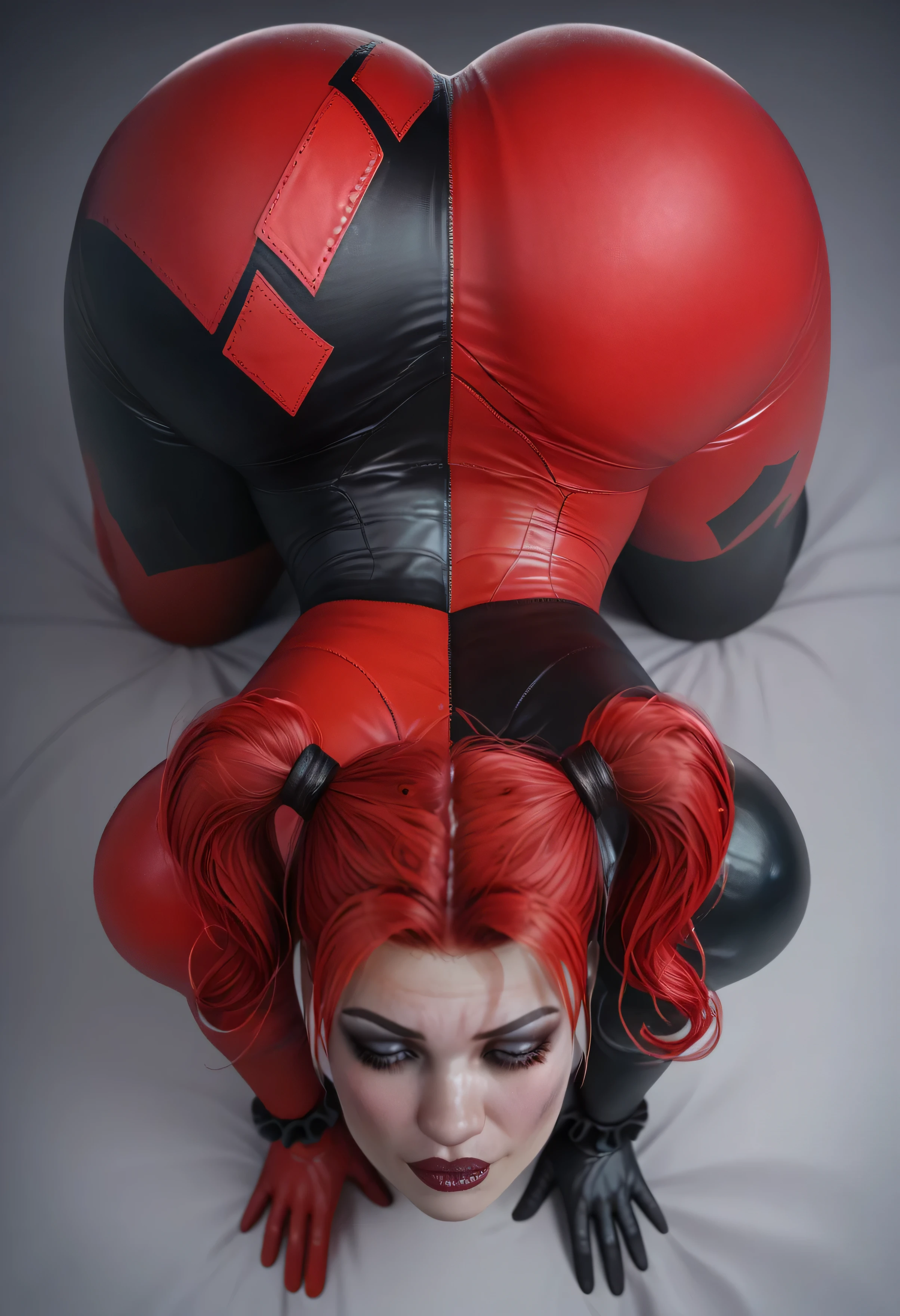 Harley Quinn, DC, big breasts, highres, best quality, masterpiece portrait, (beautiful eyes: 1.2), shaded face, solo, full body, tight latex suit, black/red designs, blue eyes, red lips, twin tails hair, red dyed hair, bedroom, crawling, on hands, on knees, butt view, back view, facing way, bending over,