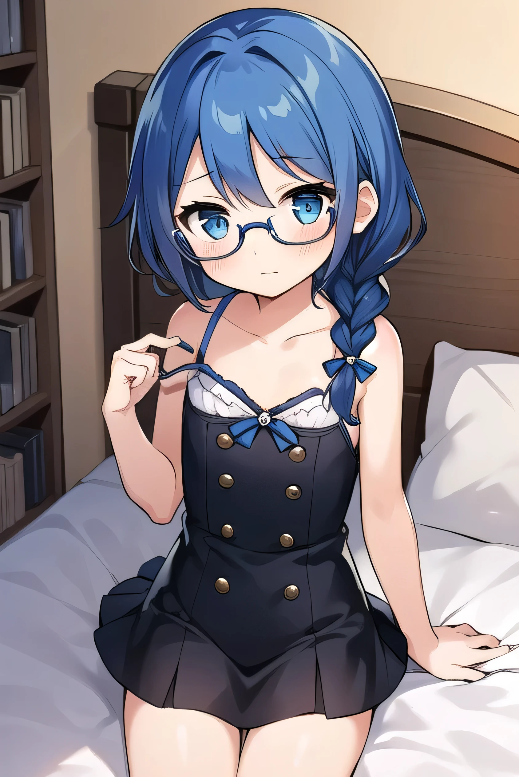 small breasted girl, short, , blue hair, single braid, blue eyes, round eyes, shy, shy, , short, young face, short height, , glasses with no edges,bed,，bed,Satin Camisole Set ，(bottomless:1.4)，flat chest，pussy are visible