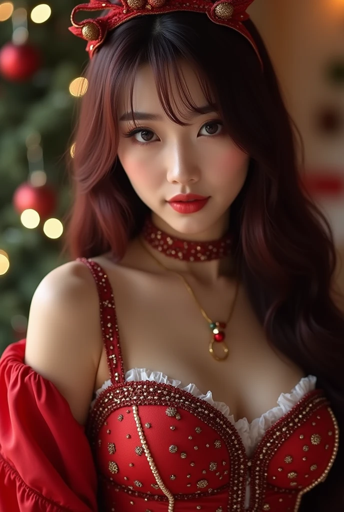 (8K Portrait:1.1、RAW Photos, of the highest quality, Masterpieces: 1.2)、(The ultra -The high-definition:1.1)、(portraitures, high resolution RAW color photos, Professional Photos)、Super Resolution、(Realistic, Real Photos: 1.3),1 persons、super detailed, highly detailed and beautiful, Highly detailed, Amazing details、Cute beautiful woman with perfect body: 1.4、Slim big:1.2、shinny skin、Glossy lips、High-definition face and skin texture、A detailed eye、二重まぶた、(5 Hands、Human hand)、Highly detailedな、((Gray hair color、Longhaire、Curled Hair)), ((Breast H Cup:1.2, very large breast:1.2、Too large breasts:1.2、Bursting breasts))、(((voluptuous breasts:1.3)))、((young skin))、(((The skin is shiny:1.3)))、(High Definition Breast、happy facial expression)、((full body Esbian:1.3))、(a necklace)、(((red and green christmas pattern lingerie:1.3)))、((Sexy Santa Claus:1.2))、((outside of house:1.2))、((natta:1.3、illuminations:1.3))、((Snow piles up:1.2、snowflakes falling:1.2、Powder snow:1.2))、((Bold look))