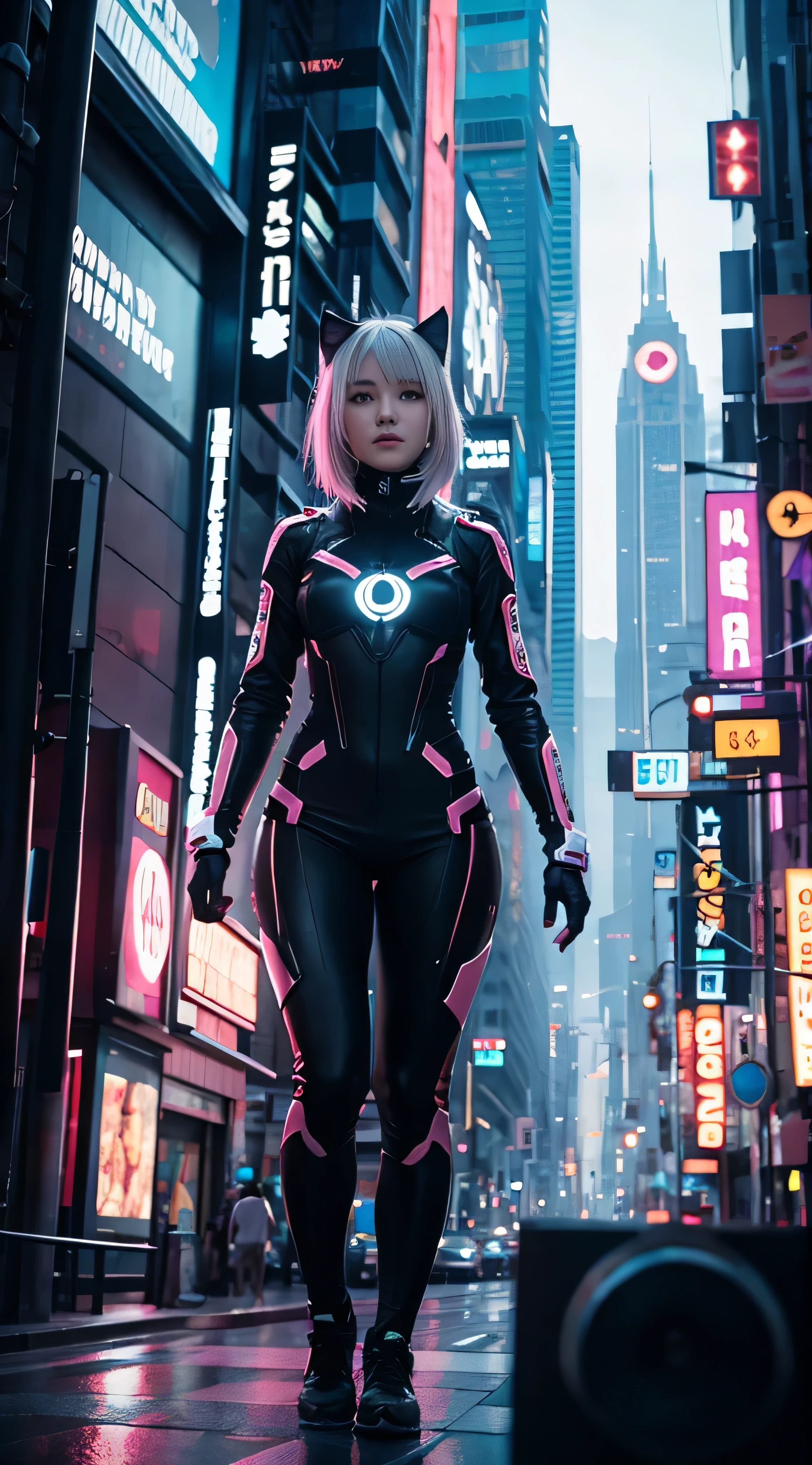  ultra detail,  high definition ,  ultra detailed,  best quality, wonderful,  best quality,  Extremely Detailed CG Unity 8K Wallpaper,  cinematic lighting , Cat Fangirls ,  cyberpunk ,White costume，Colourful futuristic city。