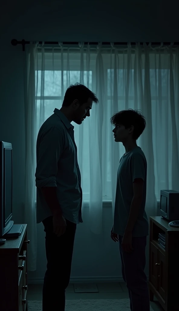 A muscular 30-year-old man
Sees in a very large mirror the reflection of a 5-year-old child
Sad and crying
The  is inside the mirror and the man outside
With a very muscular back and healed wounds