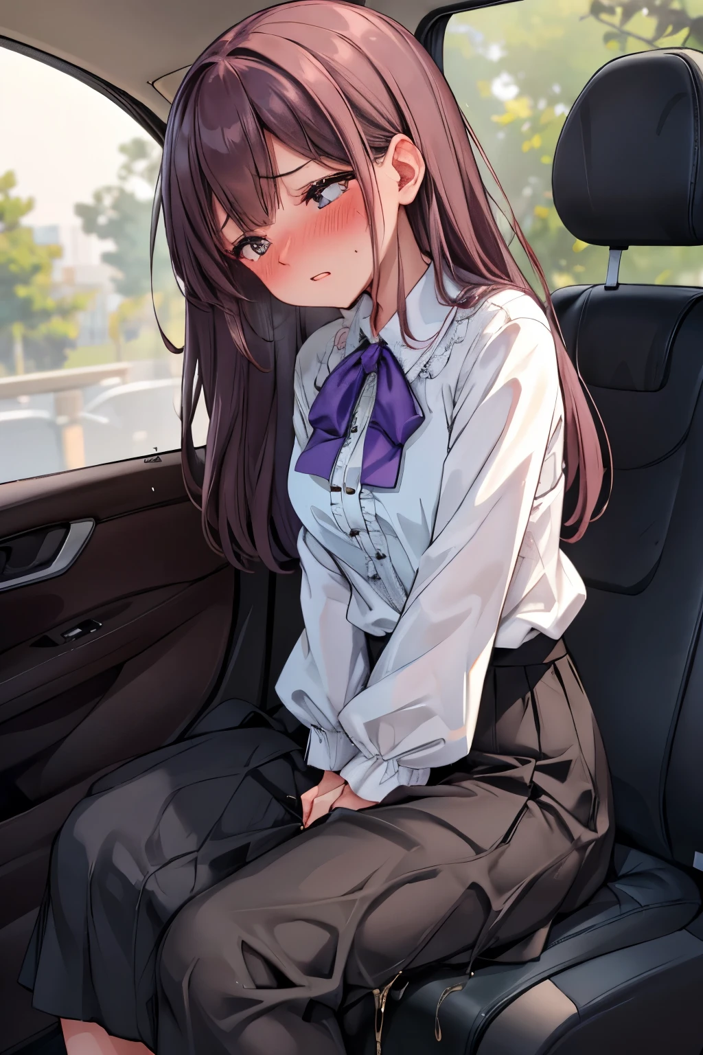 (8K, ultra-detailed, best quality, anatomically perfect body:2), (beautiful breast:1.2), shiny skin, (1 girl), (have to pee), (desperate urge to pee), (very desperate to pee), (her bladder is at its limit:1.5), (in the car, sitting very shallowly:1.6), (She wants to stand up so she lifts her hips from seat:1.3), (fidgeting:1.5), wetting self, (blouse, maxi skirt:1.6), (pantyhose:1.3), ankle boots, panty pull, (Untidy hair:1.4), (She push her crotch very hard with one bottle:1.6), (leaning forward), (shrugs:1.7), (orgasm:1.5), (full face blush:1.7), (embarrassment:1.6), (impatience:1.7), (flustered:1.5), (flowing sweat:0.7), (twist whole body:1.4), (panting), breathless, (Humiliation), (Erotic feelings), (closed eyes:0.95), (She is very arousal to hold pee), (tear), looking away, (head tilt:1.1), (parted lips:1.1), (SIGMA 105 mm F/2.8, 1/100 sec shutter, award-winning), (from side), nsfw,