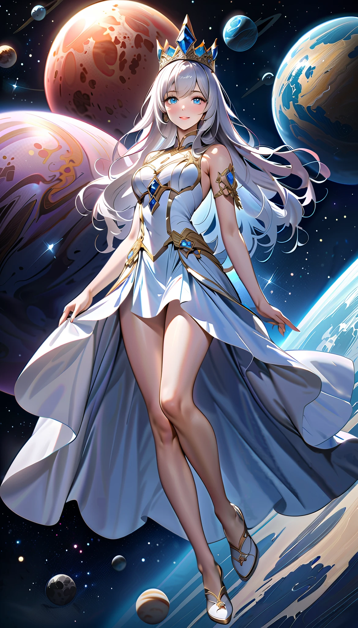 ( top quality,  high image quality,  high definition , 8k), The most beautiful goddess,  Anatomically Beautiful Body , Beautiful blue eyes, Beautiful pink lips,  perfect face,  Long Silky Straight Silver Hair, whole body,  White and Light Blue Royal Tunic ,  Quartz and Sapphire Crown ,  standing, Detailed illustrated art with quiet hand and foot movements ,  look at me and smile, Celestial Bodies, planet, nebula, solar system,  starry sky , meteor,  backgrounds, 