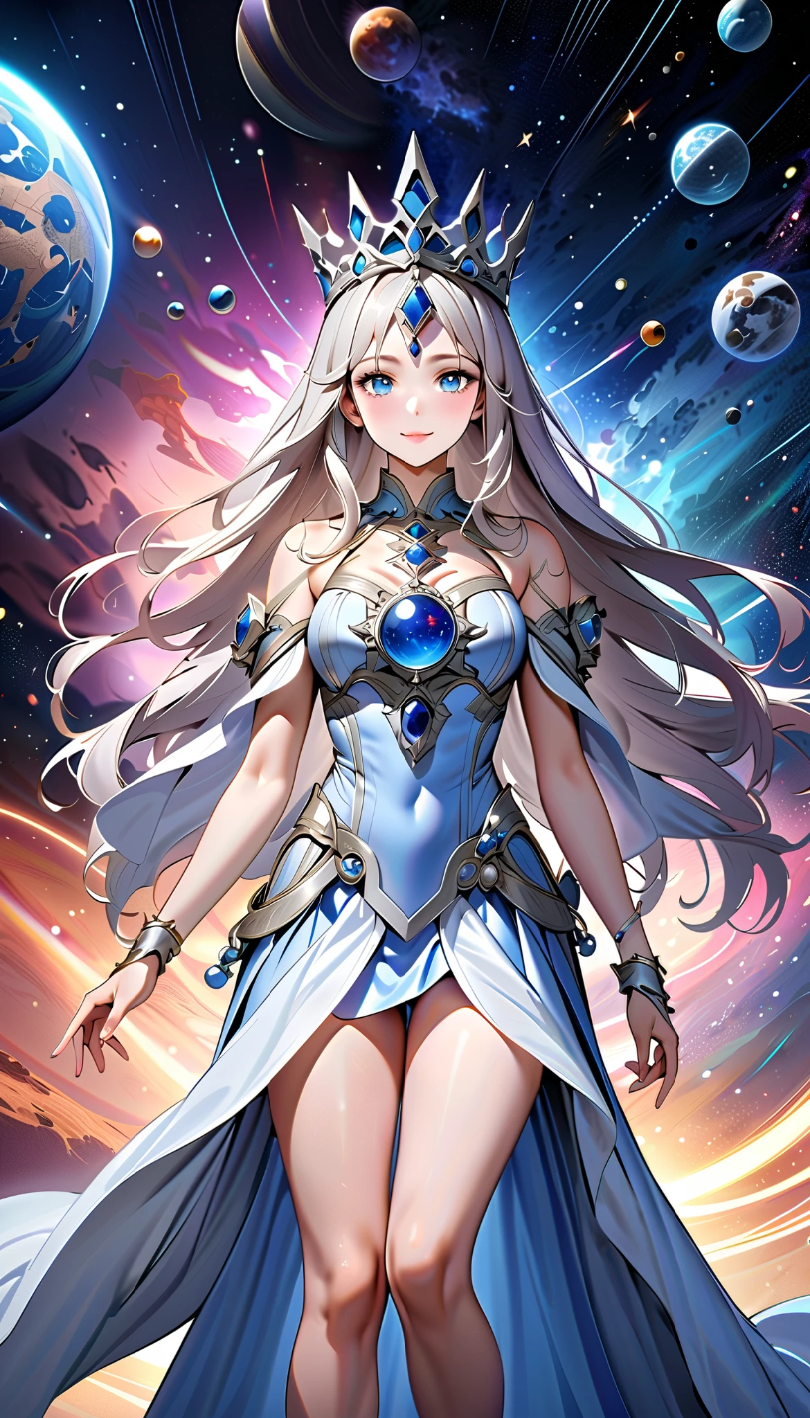 ( top quality,  high image quality,  high definition , 8k), The most beautiful goddess,  Anatomically Beautiful Body , Beautiful blue eyes, Beautiful pink lips,  perfect face,  Long Silky Straight Silver Hair, whole body,  White and Light Blue Royal Tunic ,  Quartz and Sapphire Crown ,  standing, Detailed illustrated art with quiet hand and foot movements ,  look at me and smile, Celestial Bodies, planet, nebula, solar system,  starry sky , meteor,  backgrounds, 