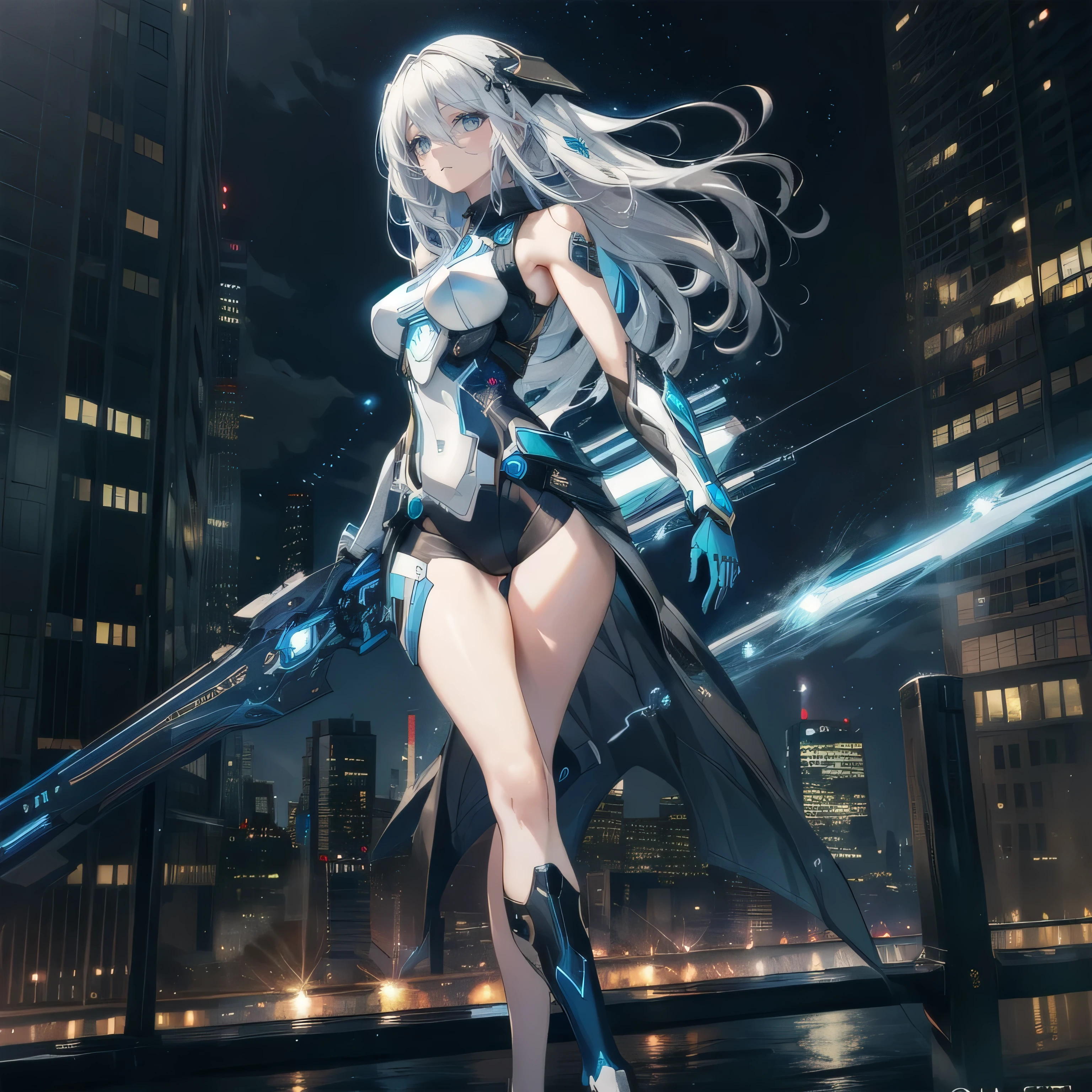 super high image, super detail, super high resolution, the face is human and the body is chrome mechanical parts sexy beautiful cute female floating in the sky, light silver glossy braided bangs hair, precise and detailed parts, cyberpunk midnight city, ruins, piles of rubble, puddles, iridescent, background fantasy, galaxy, magic circle, kaleidoscope, rainbow and gold neon light many lines, professional lighting