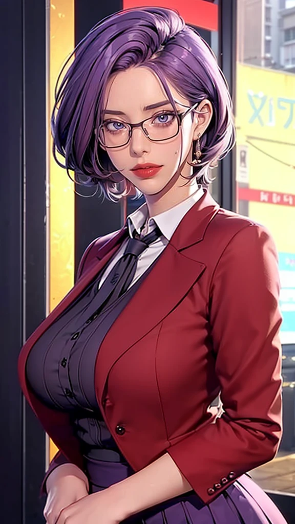 （（（完美number，number，Red Blazer， Grey shirt， hip-covering skirt （（（JMT, glasses, purple hair,Short hair, Purple Eyes ,Mijondev， Purple Eyes ， purple hair， medium length hair，）））型number:1.7））），((masterpiece)), high resolution, ((Best quality at best))，masterpiece，quality，Best quality，（（（  exquisite facial features， watching the audience,Light in the eyes， happy ，LOL））），（（（Interweaving of light and shadow，Huge ））），（（（  looking at the camera ，)）））