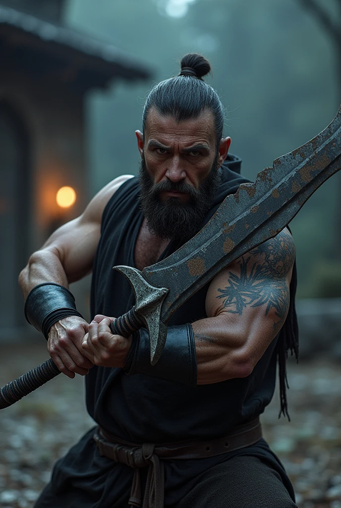 "I want a photo of myself with:
- One hand holding a sword, resting on my shoulder
- The sword passing behind my neck
- The other hand having Logan-like claws emerging from it
- The clawed hand raised upwards"