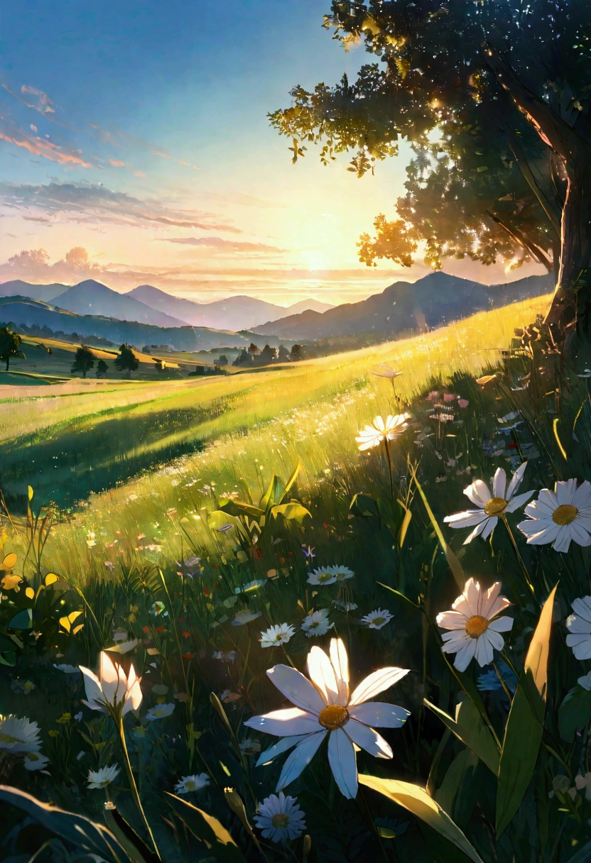 The morning light floods the meadow, with wildflowers gently swaying in the breeze, as the mountains stretch toward a clear blue sky. Pure serenity, 8K HD resolution