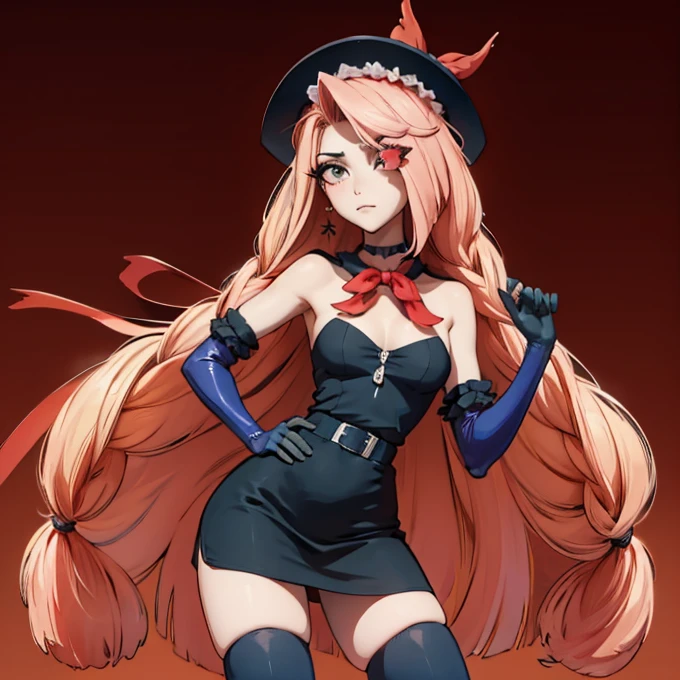 full-body, stand, side, pose for photo, pose(masterpiece, best quality:1.4), absurdres, highres, ultra detailed, beautiful, (secretary), (perfect face, detailed face, beautiful:1.3),(natural breasts, cleavage), collarbone, fingerless gloves, gloves,spaghetti strap top, black pencil skirt, tight, over the knee skirt, hat, elegant secretary outfit, thighhighs, thick thighs, thighs, multiple belts, More detailed 8K.motor irreal:1.4,UHD,La mejor calidad:1.4, fotorrealista:1.4, textura de la piel:1.4, obra maestra:1.8,obra-prima, mejor calidad, (detailed face features:1.3),(manos detailed)