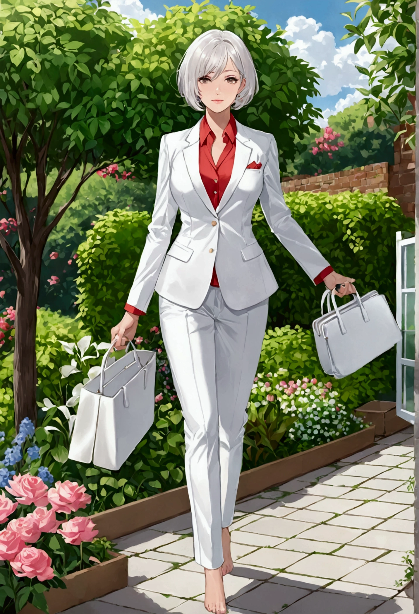 pose casual, shirt, women&#39;s suit, OL,  white pants ,  short hair, work pants, garden, SECRETARY, white suit, women&#39;s suit, women&#39;s suit, shirt branca,  white high heels ,  carrying high heels in hands , barefoot, garden,