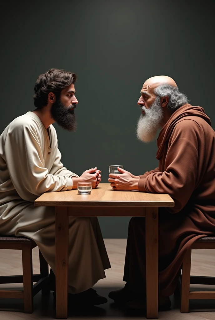 Elderly man sitting on a bench in a nursing home talking to a priest with long hair