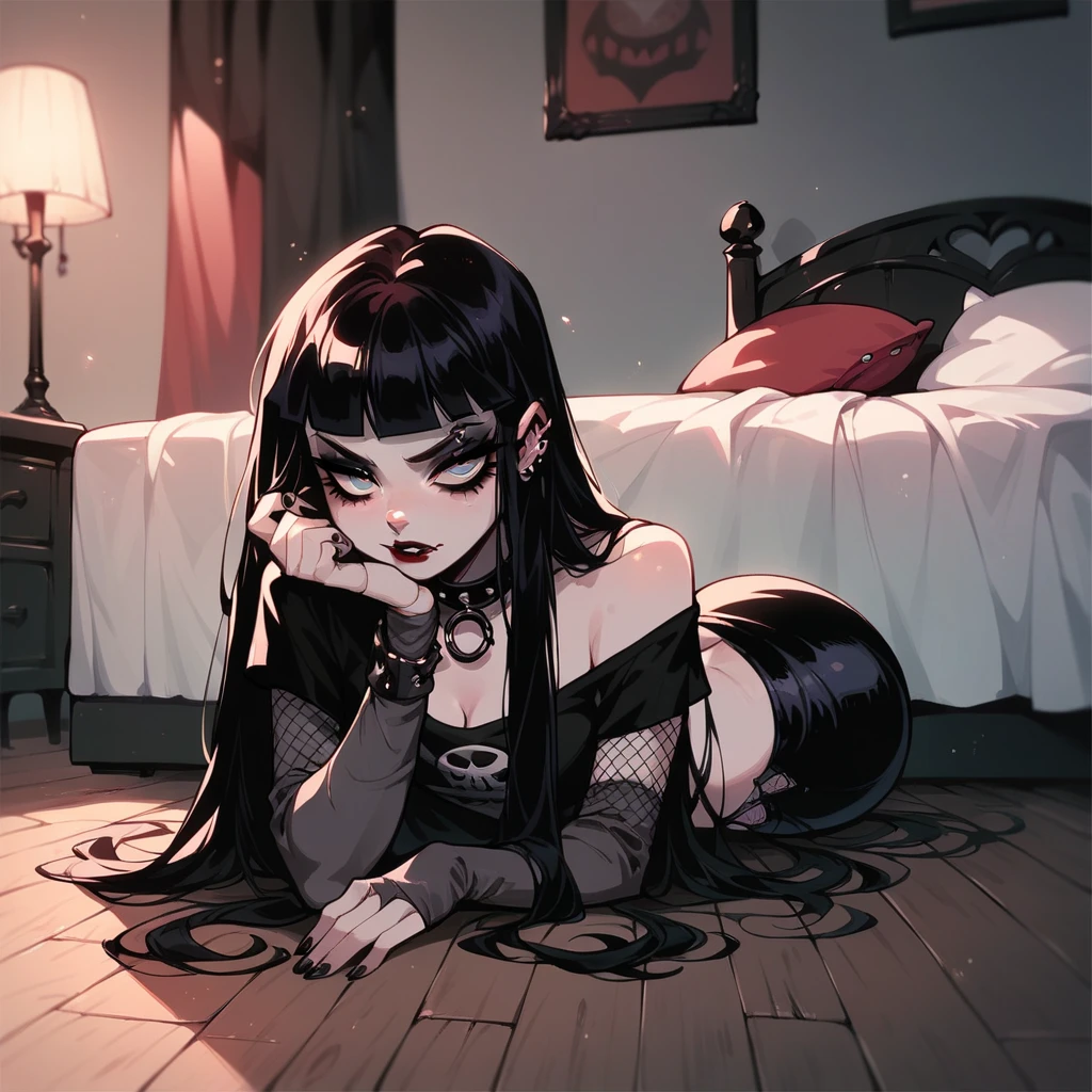 score_9, score_8_up, score_7_up, score_6_up, 1girl, long hair,  g4n1m3, goth, red lipstick, mermaid, sit on floor beside bed, bedroom, 