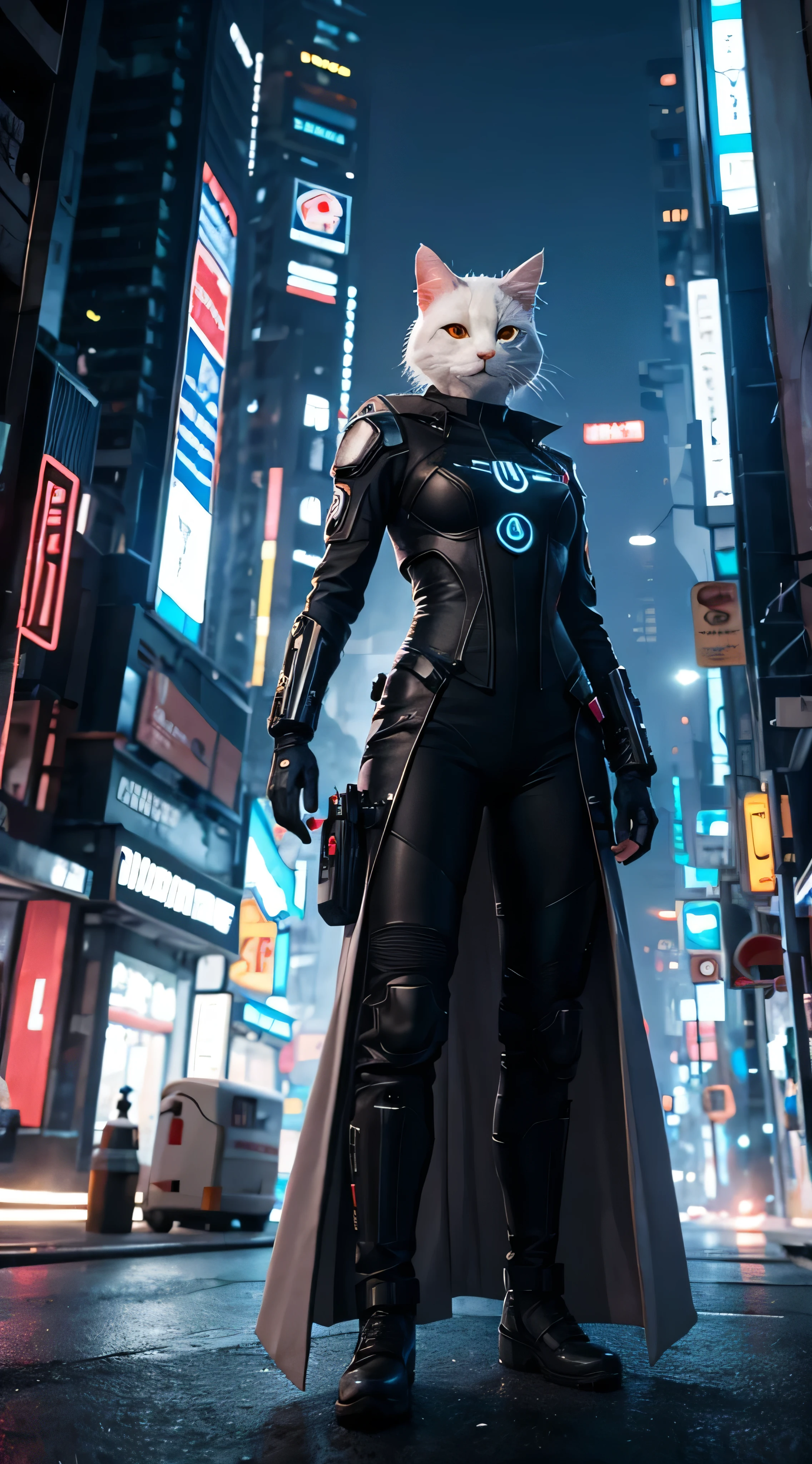  ultra detail,  high definition ,  ultra detailed,  best quality, wonderful,  best quality,  Extremely Detailed CG Unity 8K Wallpaper,  cinematic lighting , Cat Fangirls ,  cyberpunk ,White costume，Colourful futuristic city。