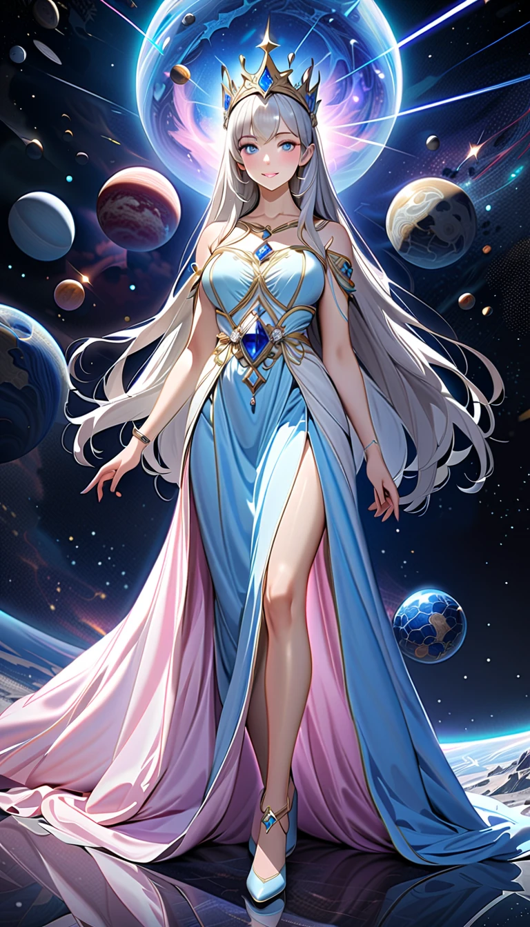 ( top quality,  high image quality,  high definition , 8k), The most beautiful goddess,  Anatomically Beautiful Body , Beautiful blue eyes, Beautiful pink lips,  perfect face,  Long Silky Straight Silver Hair, whole body,  White and Light Blue Royal Tunic ,  Quartz and Sapphire Crown ,  standing, Detailed illustrated art with quiet hand and foot movements ,  look at me and smile, Celestial Bodies, planet, nebula, solar system,  starry sky , meteor,  backgrounds, 