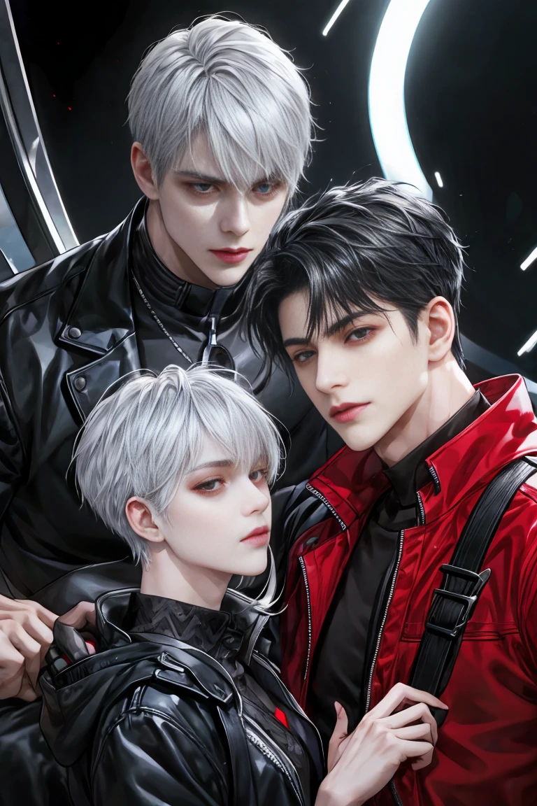 middle parted bangs，whaite hair，Medium and short hair，male people，Angular，smokes，scowl，albinism，Purple eye，red blouse，Black vest，a black trench coat，There are scars at the corners of the mouth