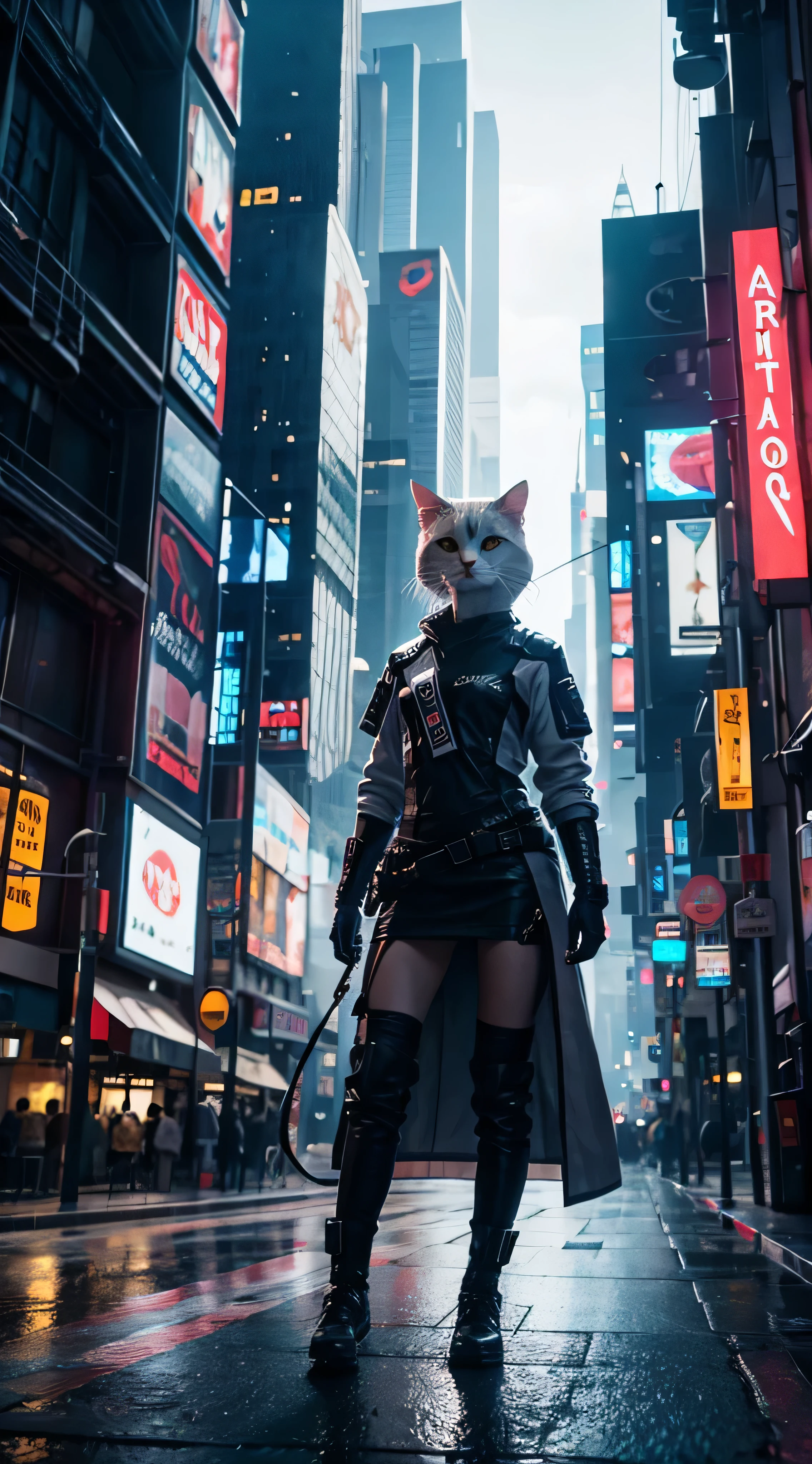  ultra detail,  high definition ,  ultra detailed,  best quality, wonderful,  best quality,  Extremely Detailed CG Unity 8K Wallpaper,  cinematic lighting , Cat Fangirls ,  cyberpunk ,White costume，Colourful futuristic city。