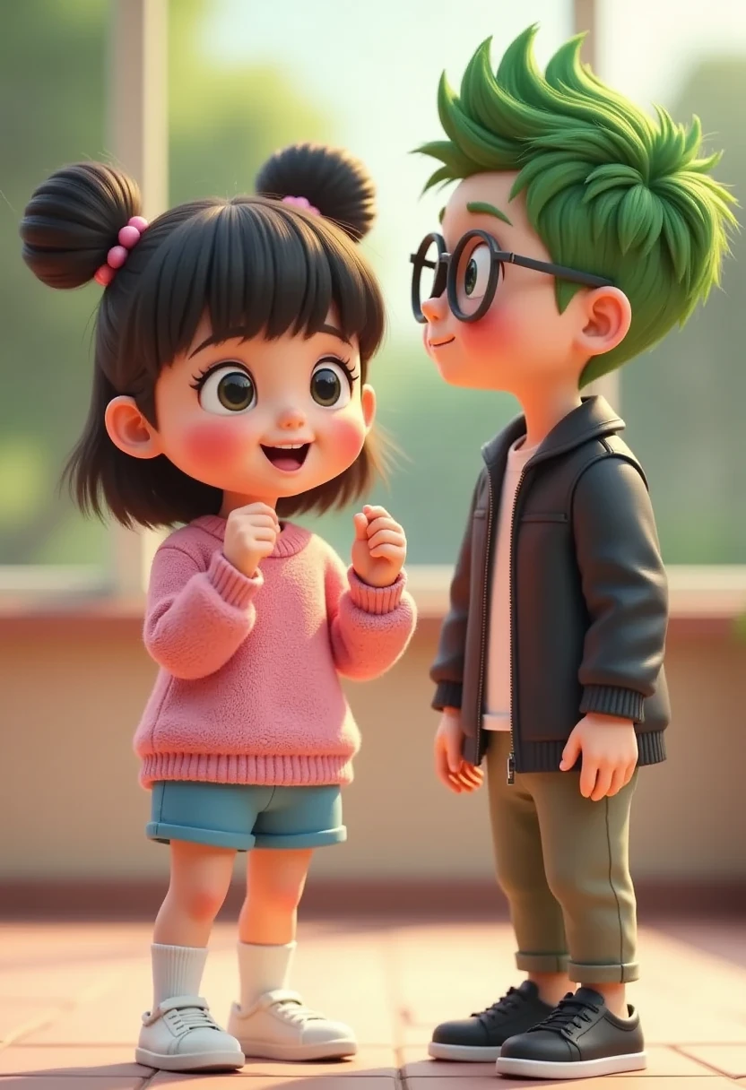 ((picture taken from side views))
The style is 3D animation with a Vibrant color palette, in 3 D animation image of a cute and adorable with her hair into two buns on top and bangs, wearing a pink sweater, blue shorts, short socks, and white sneakers, showing hands, talking to an adult wearing a black leather jacket, black pants, black shoes, black glasses, black hair.