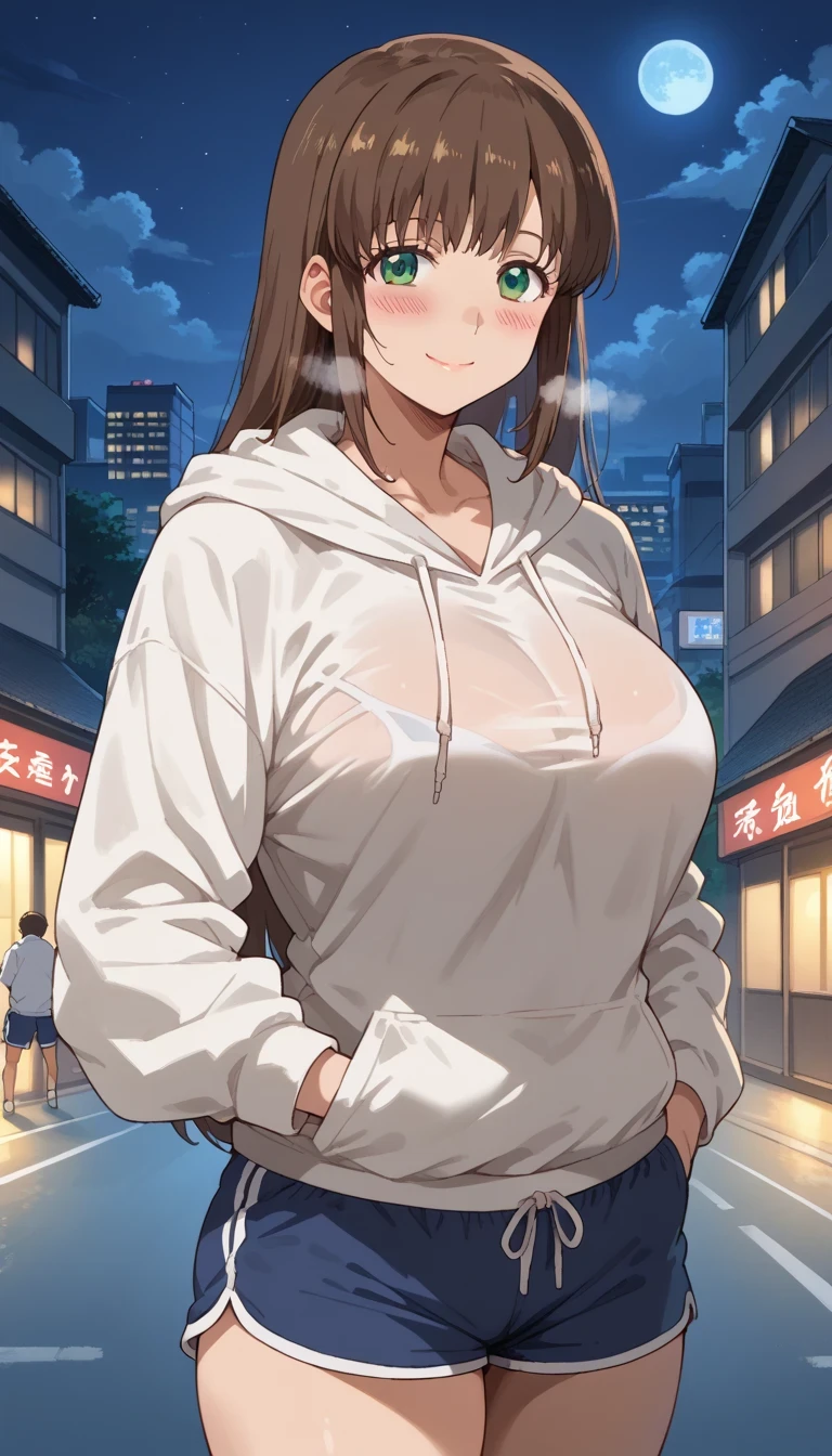 Source anime, Tall girl, Fit girl, score_9, score_8_up, score_7_up,
hinatachibana, hina tachibana, long hair, brown hair, green eyes, huge breast, 
hood, Loose Hoodie, crop Hoodie, sport bra, dolphin shorts, thong, standing, hand on pocket, night, city, outdoors, smile, looking at viewer, blush, heavy breath,