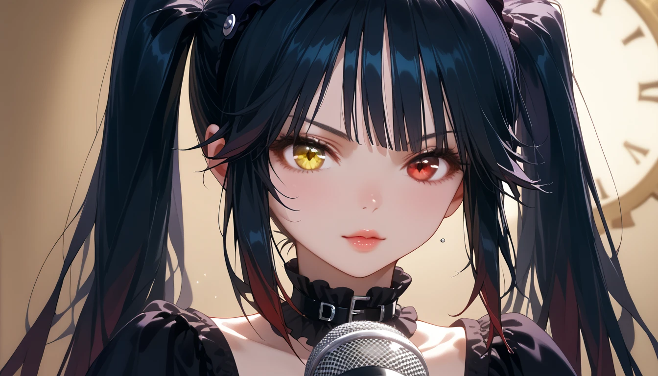 score_9, score_8_up, score_7_up, shiny skin, 1girl, TokisakiKurumi, black hair, twintails, heterochromia, red eye, yellow eye, clock eyes, Stage with Dim Light and Fog Effect, Dress flowy, dress with bordir detail, hair band, gothic, choker, half body, oversize sweater, cowboy shot, gothic punk, sing, microphone, hold microphone, ((half body, cowboy shot, half body shot))