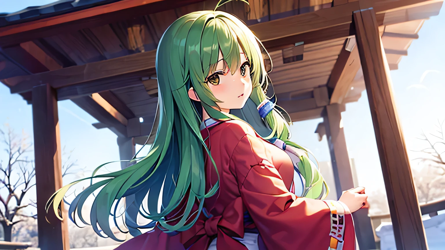 HD quality、 Max Image、Sanae Kochiya、Green hair long 、Shrine maiden、Shrine maiden服、Winter Shrine、Looking back in the first person