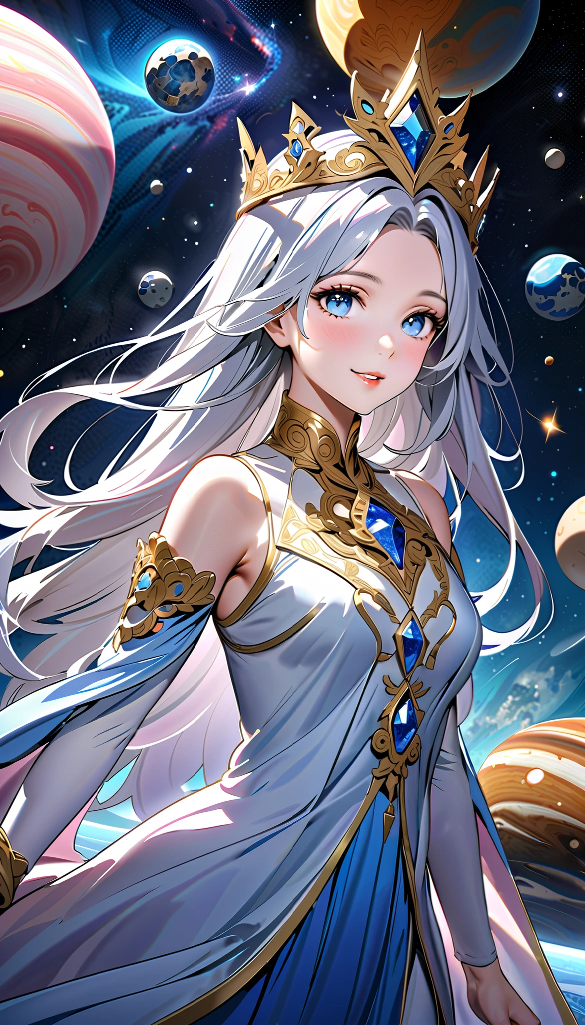 ( top quality,  high image quality,  high definition , 8k), The most beautiful goddess,  Anatomically Beautiful Body , Beautiful blue eyes, Beautiful pink lips,  perfect face,  Long Silky Straight Silver Hair, whole body,  White and Light Blue Royal Tunic ,  Quartz and Sapphire Crown ,  standing, Detailed illustrated art with quiet hand and foot movements ,  look at me and smile, Celestial Bodies, planet, nebula, solar system,  starry sky , meteor,  backgrounds, 