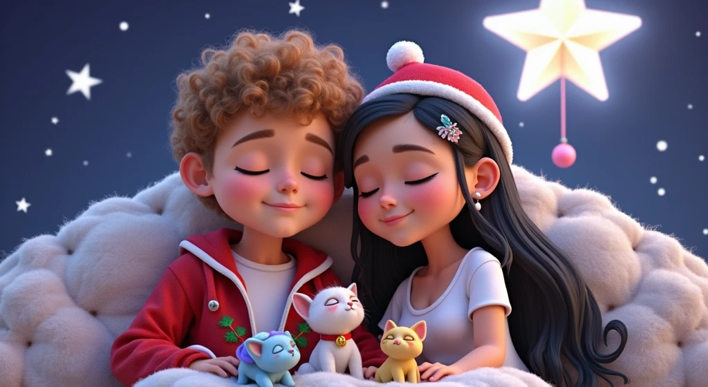 An exciting, high-resolution, high-quality 3D illustration inspired by Disney Pixar art featuring a beautiful  boy with curly, light brown hair cut short on the sides, sun-tanned skin, wearing a plain white t-shirt, wearing a red Christmas sweatshirt with an open zipper, he is surely sleeping with his eyes closed and lying on a beautiful, fluffy white rug next to a beautiful, sensual  girl with straight black hair down to her waist, wearing a colorful feather as an earring, wearing a red hat, a tight white t-shirt, highlighting her beautiful and desired body, sleeping with her eyes closed snuggled up to the boy. Along with the couple we have 4 puppies, a small, white Lhasa Apso puppy with caramel spots around its eyes and wearing a red collar with a Christmas bell, a blue kitten sleeping among garlands, a yellow kitten wearing a Santa hat and a female kitten. pink, who wears a Christmas wreath on her head, the background is a bright starry night where the intense brightness of a huge sparkling star stands out, on a breathtaking night. It is clear that all the characters sleep with their eyes closed with a slight smile of tranquility