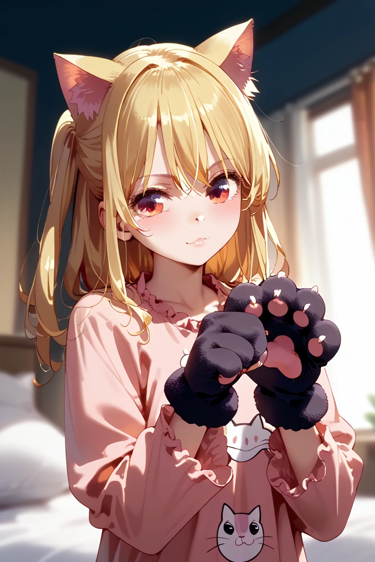 Hoshino Ruby Oshi no ko, perfect face, Yellow hair, Cat ears, cat hands shaped gloves, Pajamas with cat design, mastepiece, High Quality High definition,Preciso, La mejor calidad, 