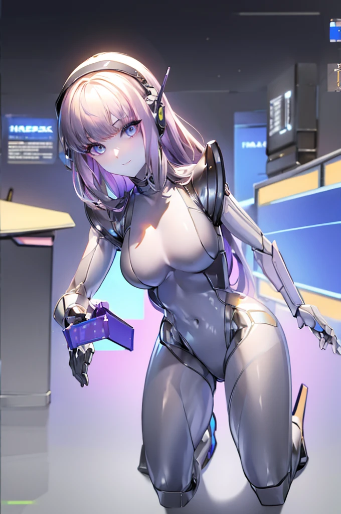 One Girl, alone, High resolution, vision, Accurate, Highest quality, 超High resolution, Shortcuts, robotization, ((Android、robot、Inorganic skin))、future、(Pale skin、saturated color)、pistol、(black、skinny、Bodysuits), long hair, (Deep Eye、Lens Cover、smile、Machine Face)、mannequin、(background、factory, lab)、big bust , highleg