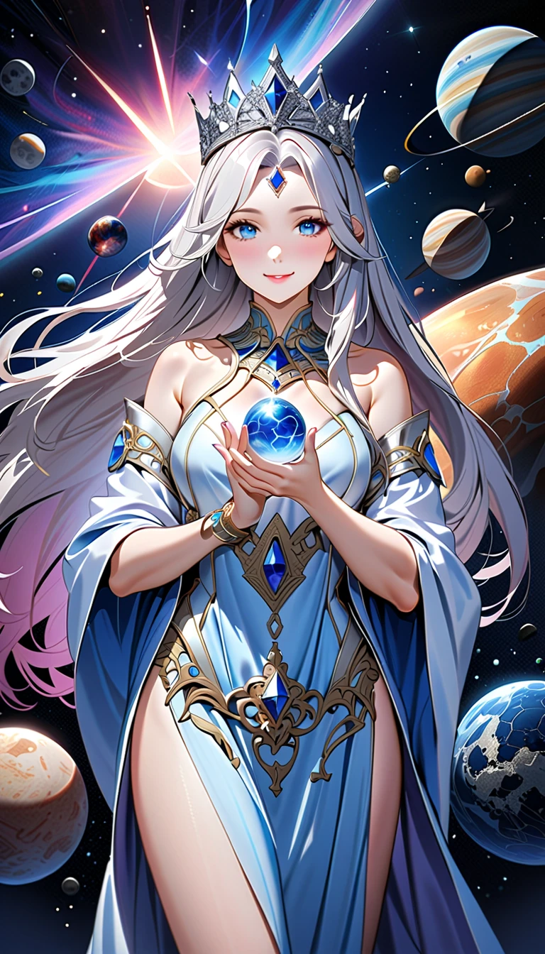 ( top quality,  high image quality,  high definition , 8k), The most beautiful goddess,  Anatomically Beautiful Body , Beautiful blue eyes, Beautiful pink lips,  perfect face,  Long Silky Straight Silver Hair, whole body,  White and Light Blue Royal Tunic ,  Quartz and Sapphire Crown ,  standing, Detailed illustrated art with quiet hand and foot movements ,  look at me and smile, Celestial Bodies, planet, nebula, solar system,  starry sky , meteor,  backgrounds, 