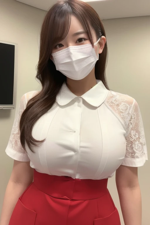 ((highest quality, 8k, masterpiece, Portraiture: 1.3)), (Watching the audience), (Full Shot:0.85),(((sexy lace eye mask))) dental hygienis, 1 person, A little chubby:0.35,Brown wavy hair、 White collared sheer shirt, sheer micro Skirt,((big breasts 2.3)) (big pelvis:0.8), (in dentist), smile:0.2,in office,Good posture,20years old,

