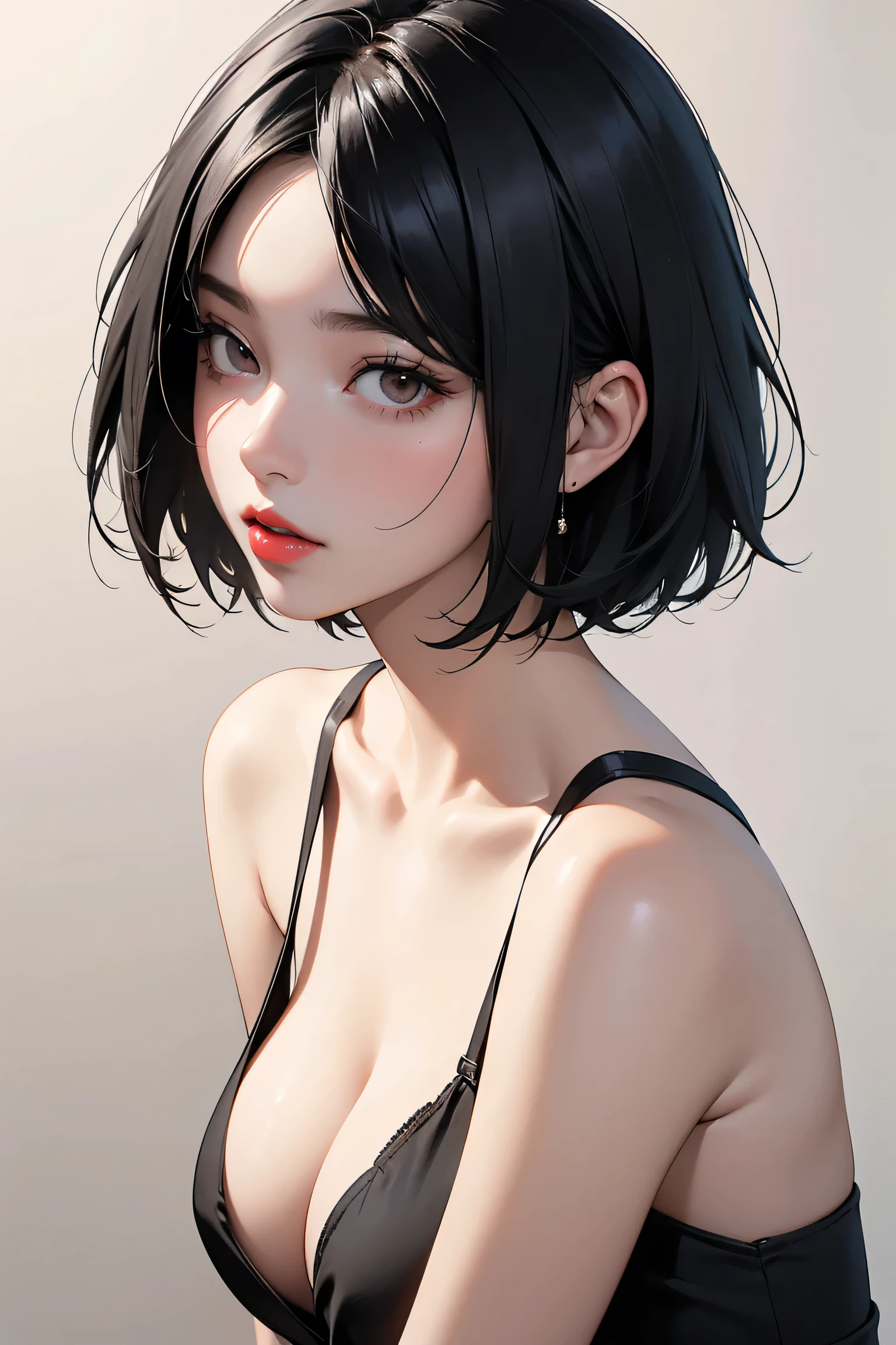 Amazing portrait of a cute goth woman with her short black hair in a bob hairstyle and she's wearing heavy eyeliner around her eyes and she's gazing at you seductively she wears an off shoulder t shirt that is orange and black with black bra straps
