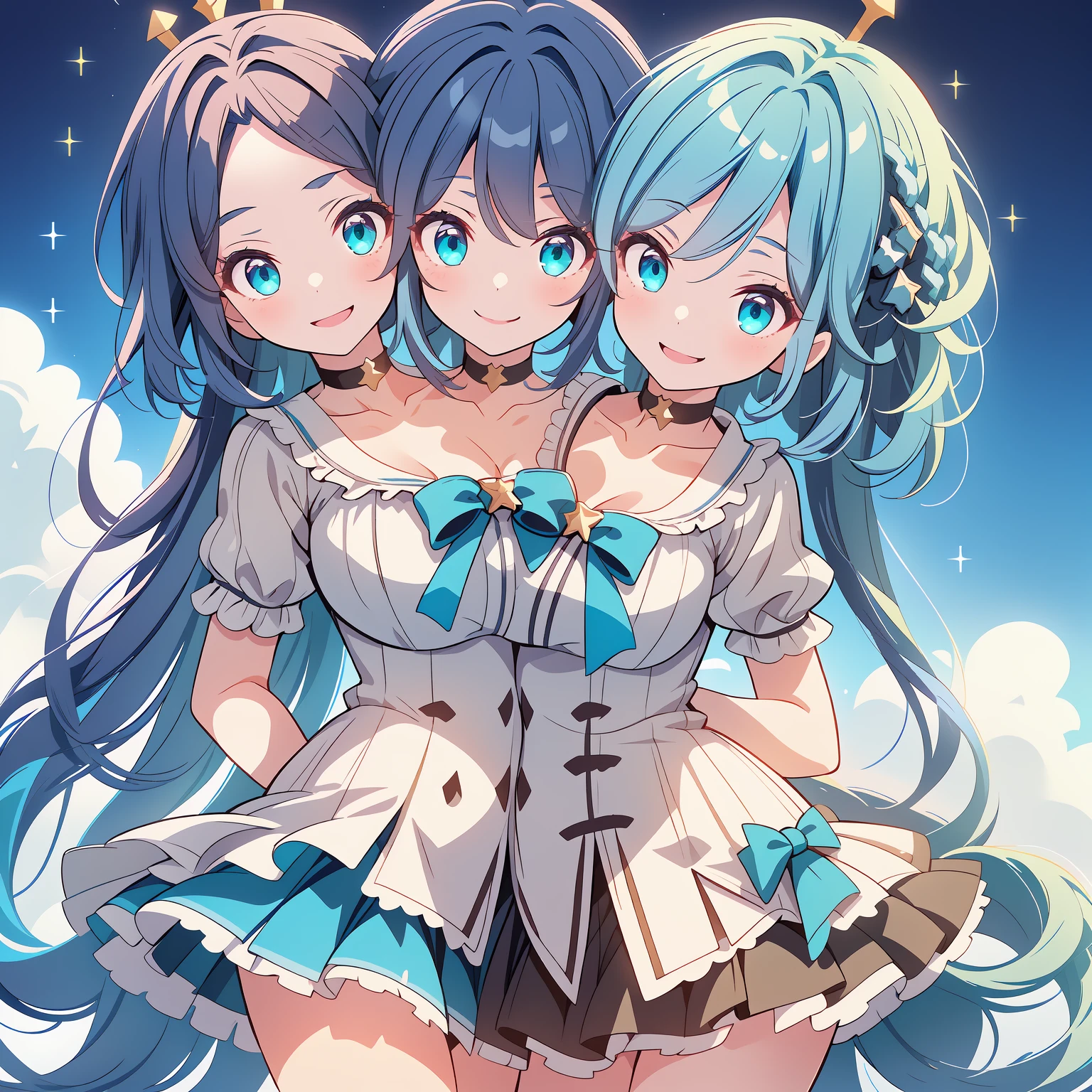 (highest quality:1.4)、detailed beautiful face、anatomically correct、huge breasts、woman in her 20s、(3 women)、Under the deep sea、backwards、braided twin tails、A cute bikini with bright colors and patterns、A big smile、smile、Turn around to highlight your butt、cute