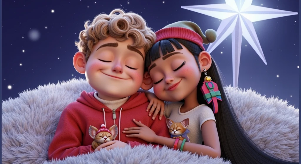 An exciting, high-resolution, high-quality 3D illustration inspired by Disney Pixar art featuring a beautiful  boy with curly, light brown hair cut short on the sides, sun-tanned skin, wearing a plain white t-shirt, wearing a red Christmas sweatshirt with an open zipper, he is surely sleeping with his eyes closed and lying on a beautiful, fluffy white rug next to a beautiful, sensual  girl with straight black hair down to her waist, wearing a colorful feather as an earring, wearing a red hat, a tight white t-shirt, highlighting her beautiful and desired body, sleeping with her eyes closed snuggled up to the boy. Along with the couple we have 4 puppies, a small, white Lhasa Apso puppy with caramel spots around its eyes and wearing a red collar with a Christmas bell, a blue kitten sleeping among garlands, a yellow kitten wearing a Santa hat and a female kitten. pink, who wears a Christmas wreath on her head, the background is a bright starry night where the intense brightness of a huge sparkling star stands out, on a breathtaking night. It is clear that all the characters sleep with their eyes closed with a slight smile of tranquility