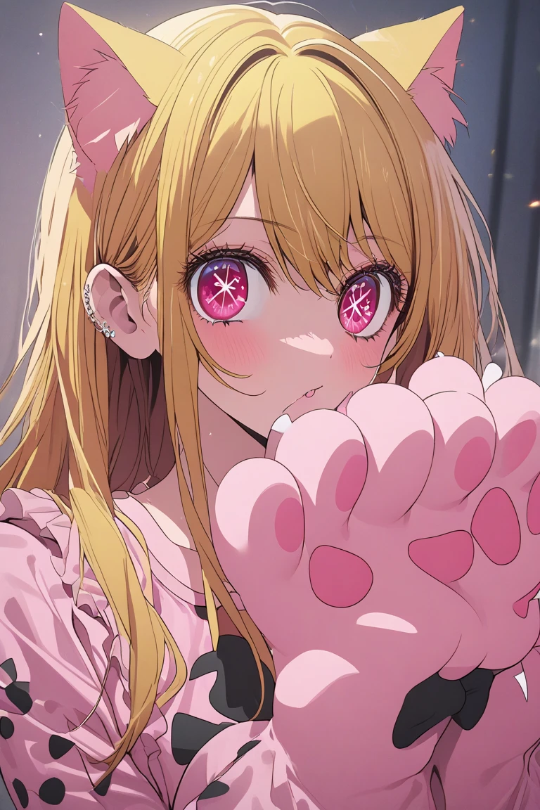 Hoshino Ruby Oshi no ko, perfect face, Yellow hair, Cat ears, cat hands shaped gloves, Pajamas with cat design, mastepiece, High Quality High definition,Preciso, La mejor calidad, 