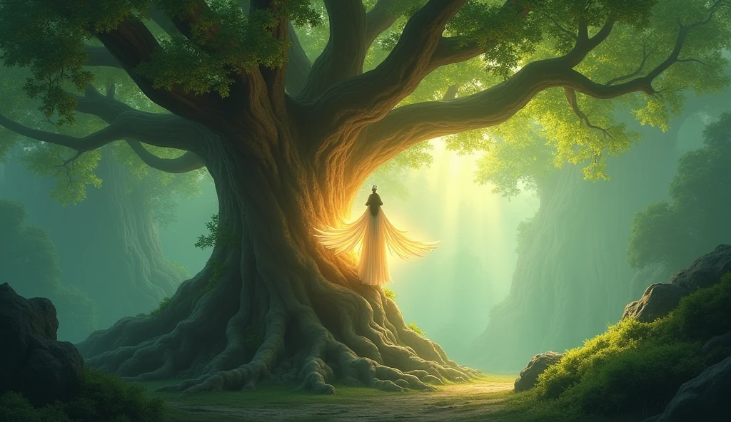 The large tree shaking** as the sadhu uses his spiritual power, leaves rustling and branches swaying gently.