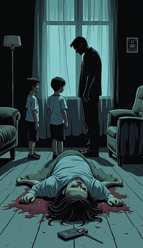 Make a room, with a dark apocalyptic setting, In this one, there is a person looking at the door and wearing a backpack on their back, at the door there are 2 rotting zombies with exposed wounds and the zombies' eyes are yellow.