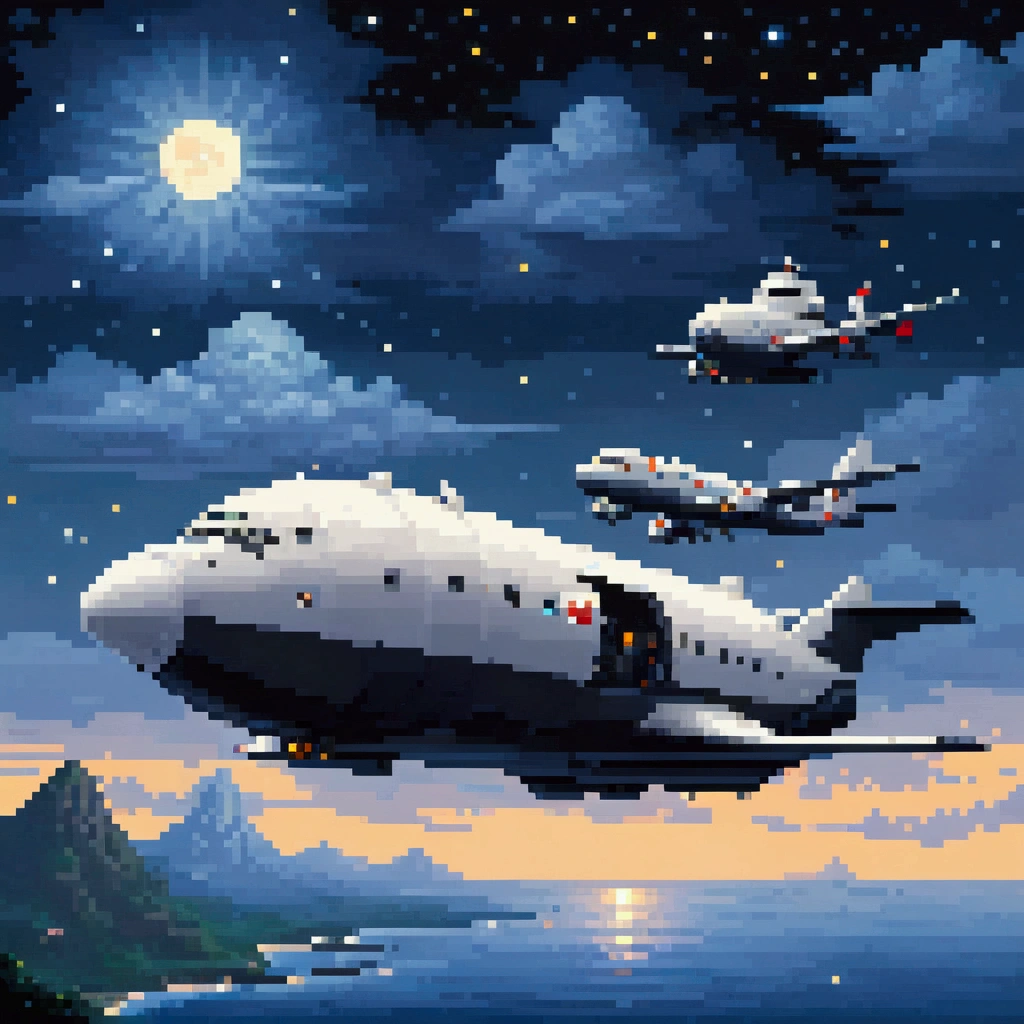 pixel art, 1 a white dirigible airship adventure , night, clouds, stars, surround sky
