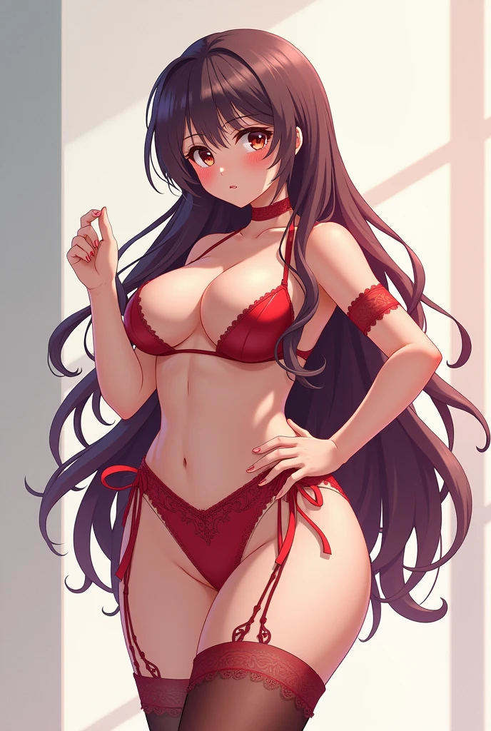 masterpiece、top-quality、in 8K、独奏、One girl、Detailed and elaborate girls、A beautiful and cute girl、Extraordinary beauty、Emphasized buttocks、Voluptuous body、Embarrassed look、red blush、Spiteful smile、kawaii faces、the perfect body、Perfect Style、full-shot、wide Shots、dynamic ungle、Beautiful hair、Long hair that reaches to the waist、(poneyTail:1.6)、beautidful eyes、Red underwear、Underwear、T-back underwear、Underwear with strings on the sides、New down、High leg cut、sexy underwear、Wear only underwear、Detailed and elaborate cute ruffled underwear、thin-waist、constricted hipig butt、Tense buttocks、Attractive butt、perfect buttocks、skinny thigh、Skinny Legs、Colossal titig breasts with tension、Long breastust that seems to overflow from bra、Bust sticking to costume、Heavy chest、Heavy chest,mange un gros gâteaux d'anniversaire