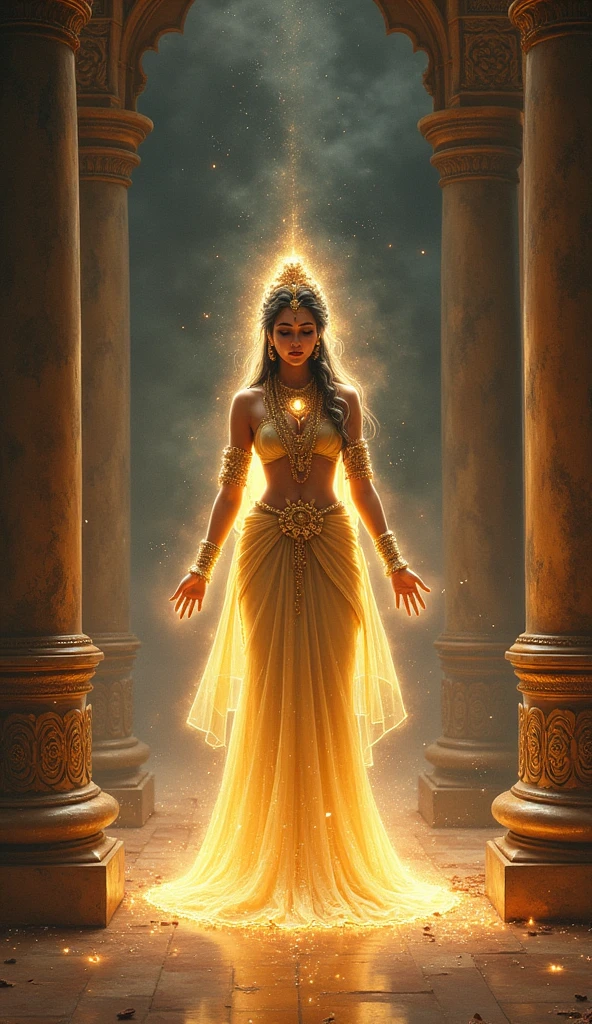 Devi, a radiant and benevolent figure, sprinkles a divine nectar over the lifeless bodies of Veeravar, his wife, son, and daughter. The four figures, lying on the temple floor, begin to revive, their expressions changing from deathly stillness to life. The king stands in awe, watching the miraculous scene unfold."