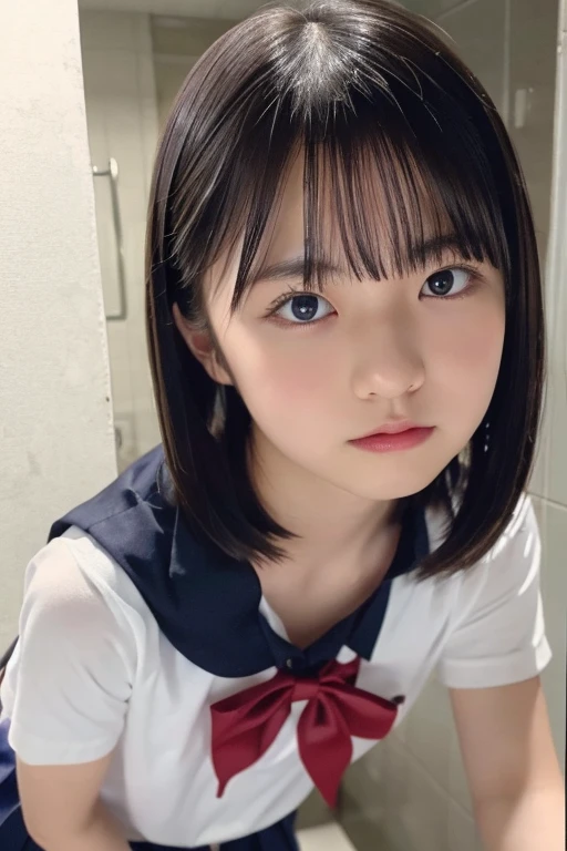 Photo quality,Masterpiece,Realistic,(Cute  Japanese sister:1.9),(Detailed young face:1.9),(Very embarrassed look:1.9),(Thin legs:1.9),(On the way to school:1.9),(Cute high school girl outfits:1.9),((Droopy eyes:1.9)),((Body type of a 16 year old Tits:1.9)),(Messy wavy hair:1.9),((Skinny Legs)),Very pale skin,Show your forehead,Detailed body,Detailed hands,No makeup