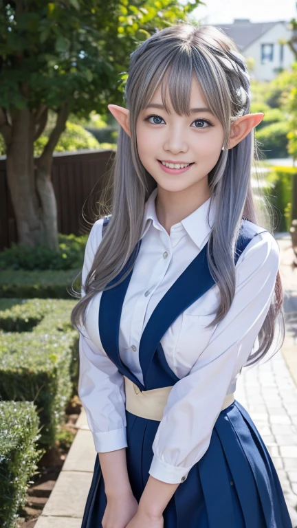 tween elf girl, Beautiful, blue eyes, silver long hair, ((adorable:1.1)), ((masterpiece:1.1)), eye contact, (Big breast), garden, school Uniform, pure smiling