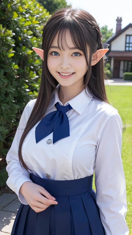 tween elf girl, Beautiful, blue eyes, silver long hair, ((adorable:1.1)), ((masterpiece:1.1)), eye contact, (Big breast), garden, school Uniform, pure smiling