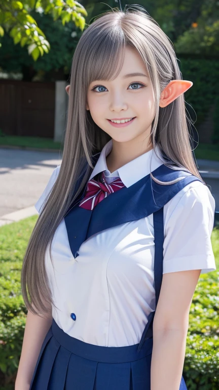 tween elf girl, Beautiful, blue eyes, silver long hair, ((adorable:1.1)), ((masterpiece:1.1)), eye contact, (Big breast), garden, school Uniform, pure smiling