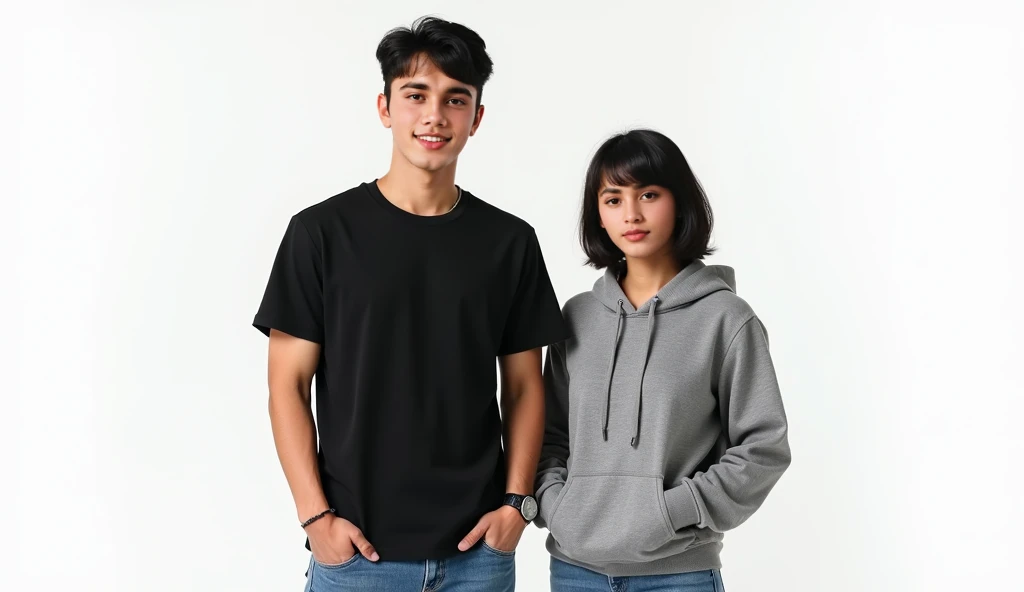 photorealism:1.2), Indonesian man ,thin and (short) short ,haircut (short slicked back) ,memakai kaos hitam dan gray jeans casual shoes ,with an Indonesian woman next to him, wearing a black hijab and a white t-shirt ,with black hand decker ,,gray jeans ,casual shoes ,the woman is wearing sunglasses ,background silver