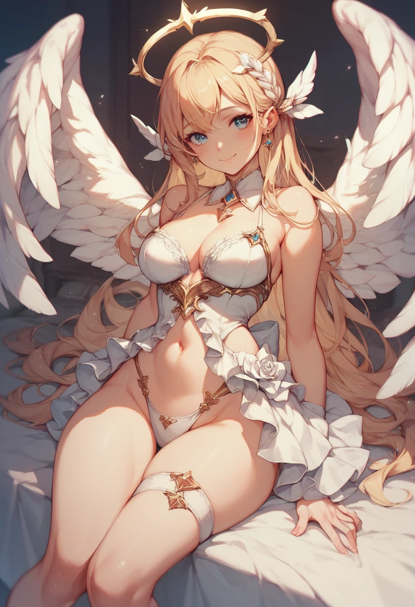 girl in a white dress with angel wings、Long blonde wavy hair、Blue eyes、Torn stockings、(In a dark prison)、(Hands behind your back)、Chained、ahe face、red blush、Teary-eyed、no panties,pussy juice,pussy,vagina,red blush、Beautiful fingertips、Open your crotch、(dildo in the vagina),Wet