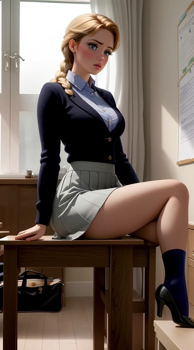 little , long blonde hair, green eyes, unbuttoned white blouse, torn black tights, black stiletto, school skirt, black bra, small breasts, nipple, dildo in pussy, sit on school table, school room, orgasm, cum, photorealistic, high quality, Vashti Harrison, wet clothes, {{{breast grab}}}, lesbian