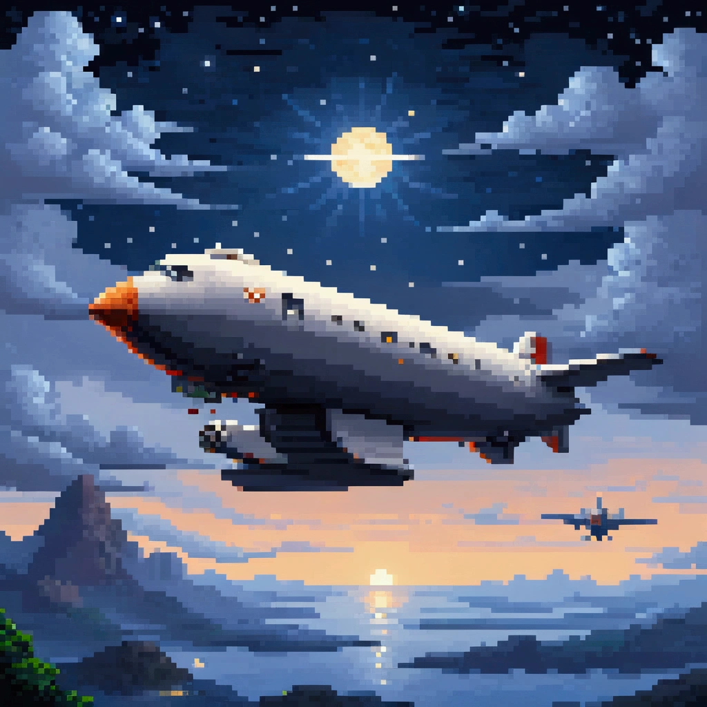 pixel art, 1 a white dirigible airship adventure , night, clouds, stars, surround sky