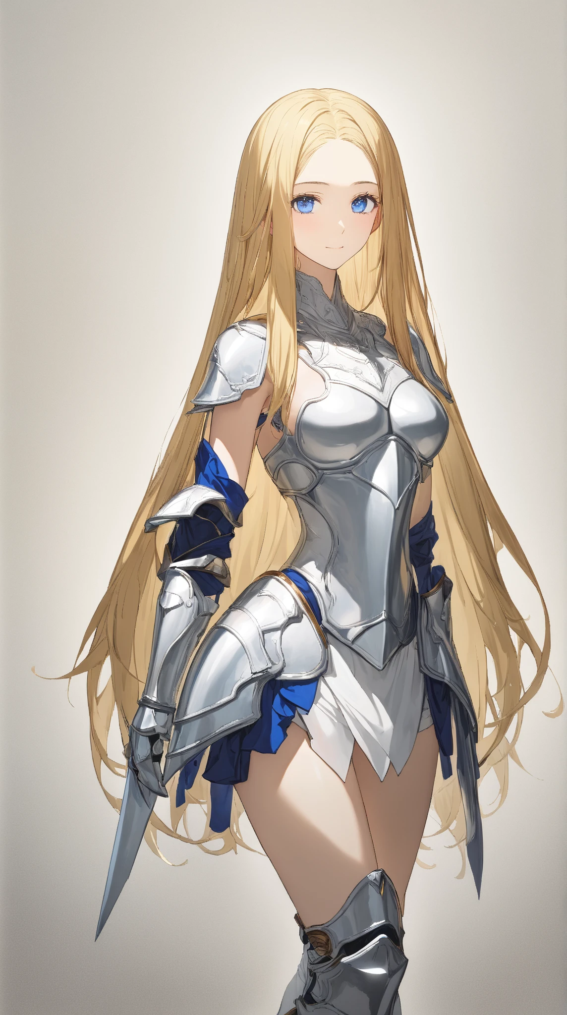 a woman in armor holding a sword and a sword, heavy white and golden armor, Armor Girl, bikini armor female knight, gorgeous female paladin, Intricate white and gold armor, Kushatt Krenz Key Art Women, Paladin, glossy white armor, Anime goddess, White armor, 80s painting style,huge tit,femele,blond hairbl,dual horsetail